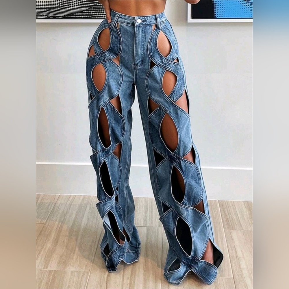 SHEIN Blue Flare Wide Leg Jeans with Distressed Cutouts